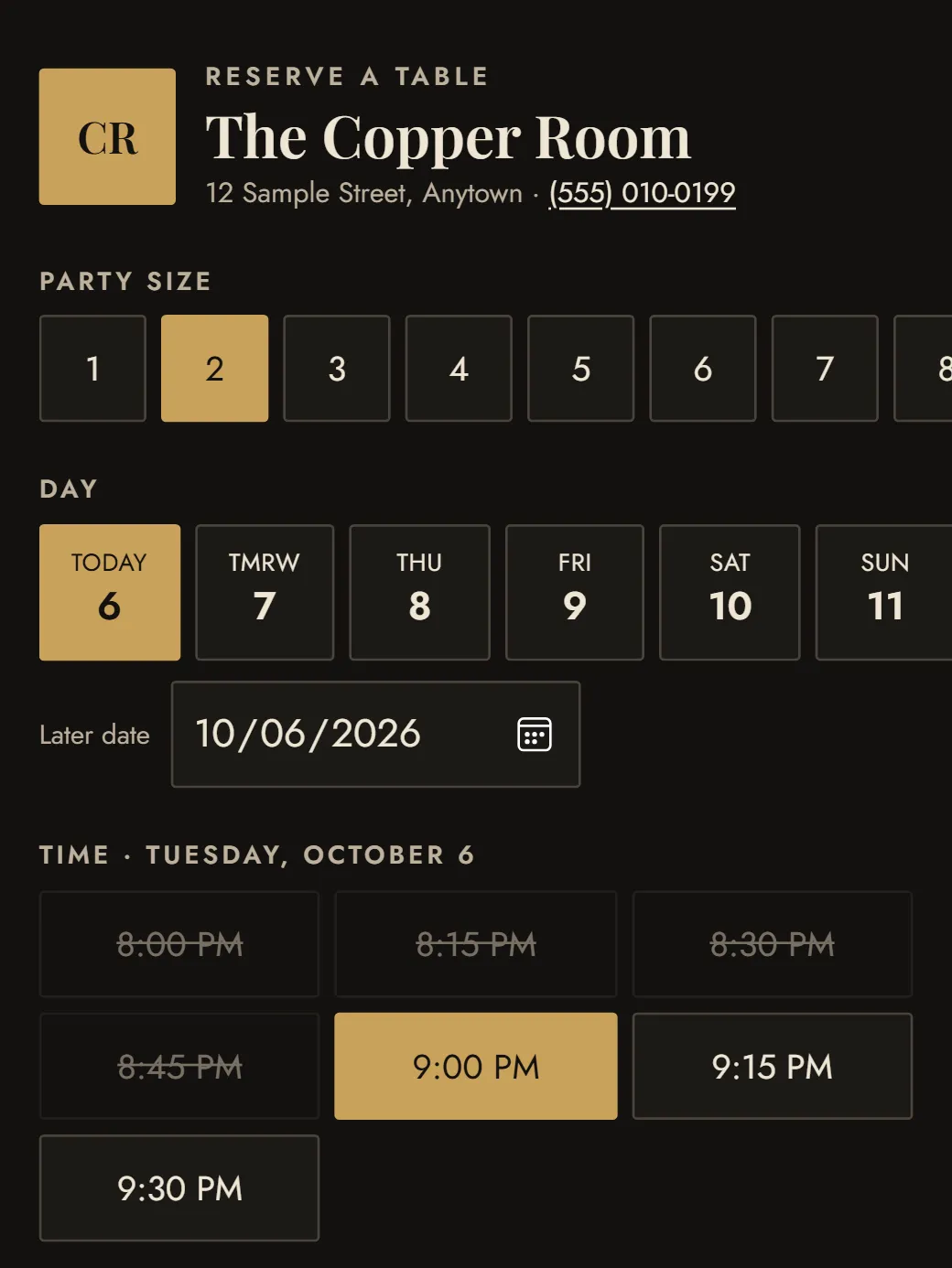 The booking page in the Steakhouse look: party size, day, and times with the full ones crossed out