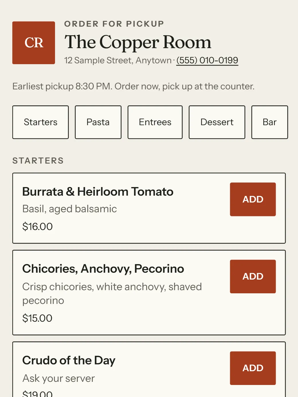 The pickup ordering page in the Market look: earliest pickup time and the menu with Add buttons