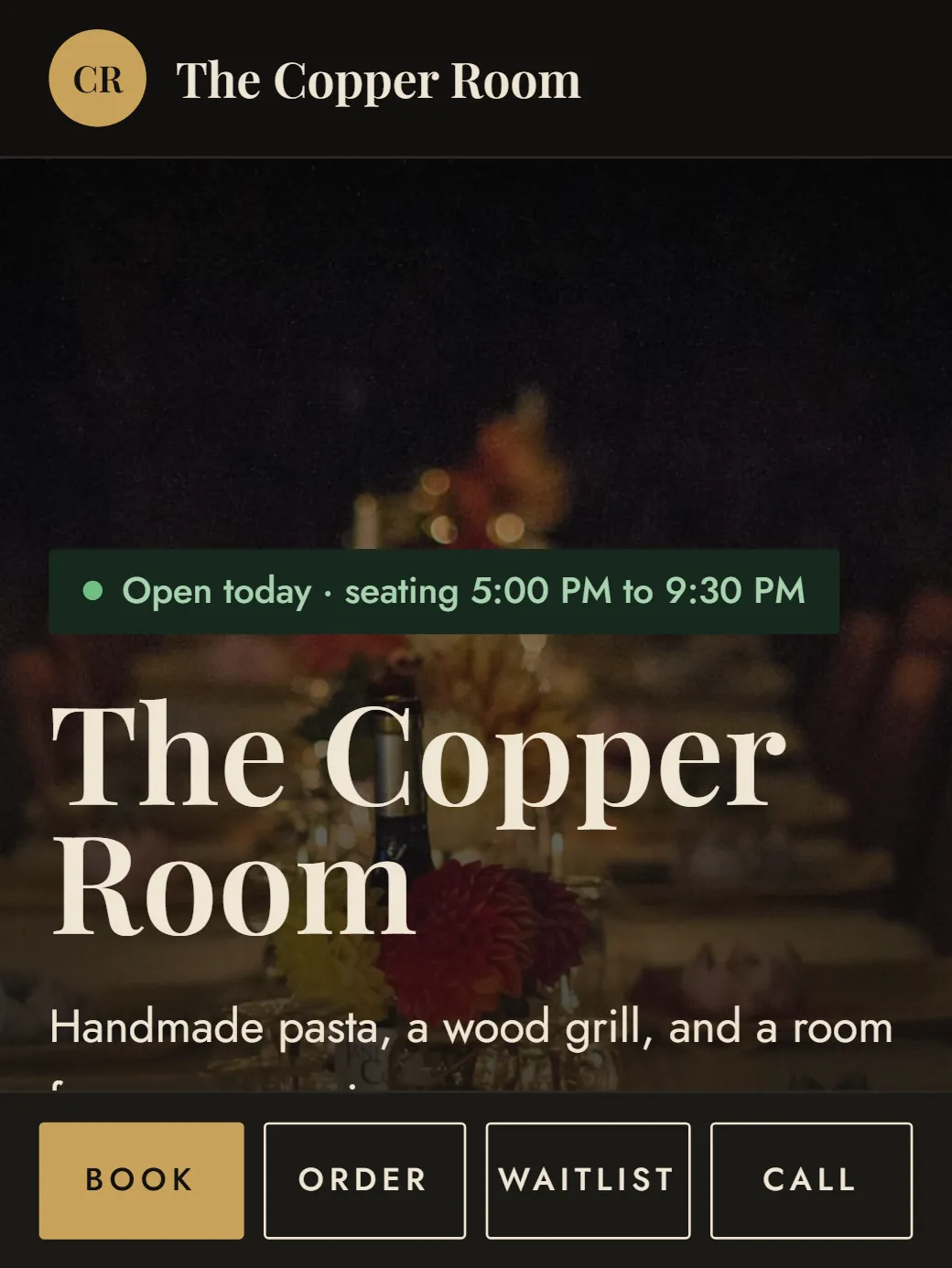 The Copper Room's website on a phone in the dark Steakhouse look: open-today line, the name over a candlelit table, and Book, Order, Waitlist and Call buttons