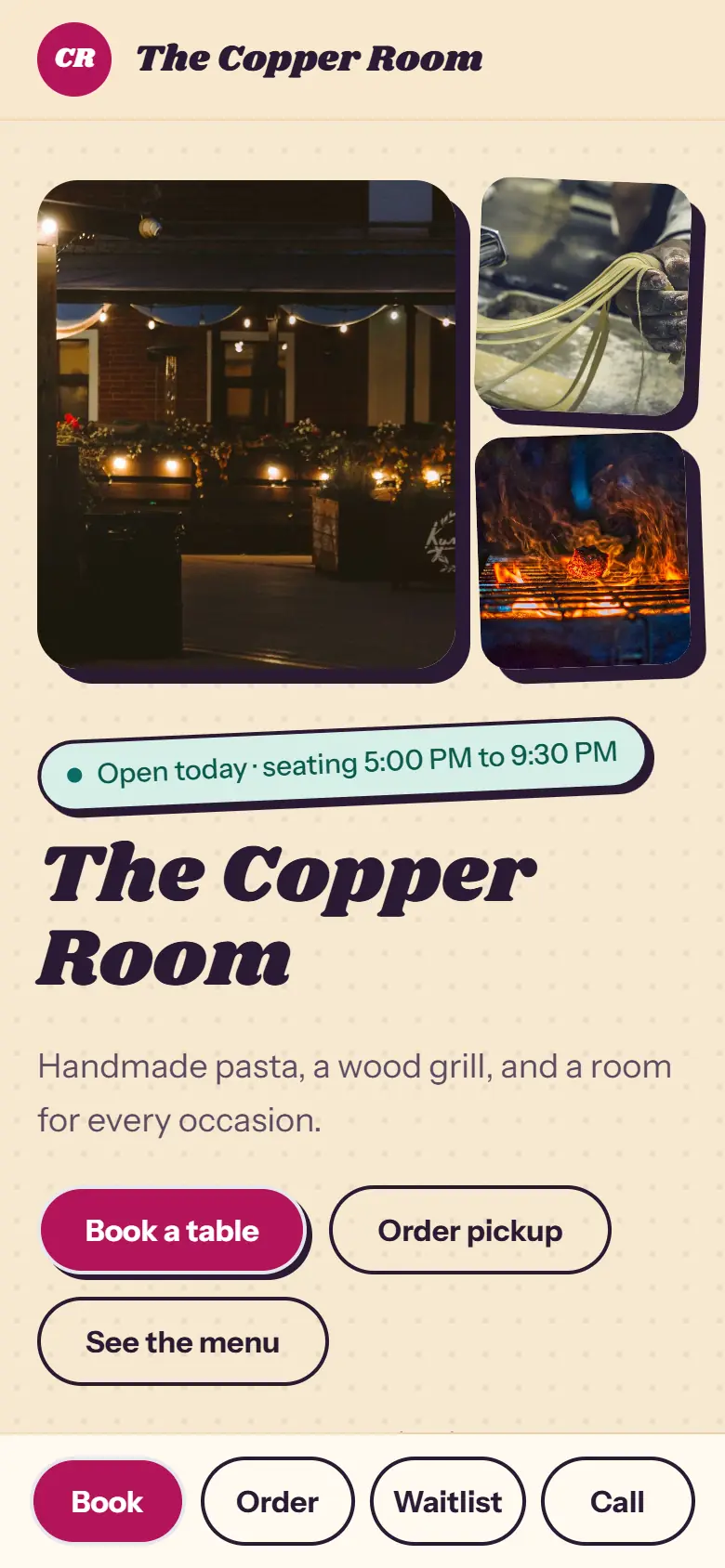 A restaurant website on a phone in the Cantina look