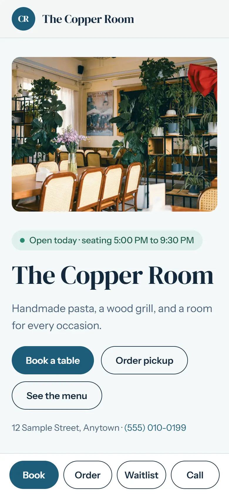 A restaurant website on a phone in the Shore look