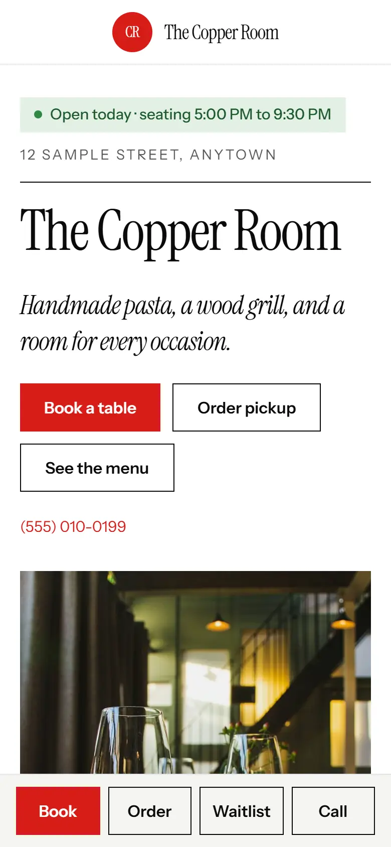 A restaurant website on a phone in the Editorial look