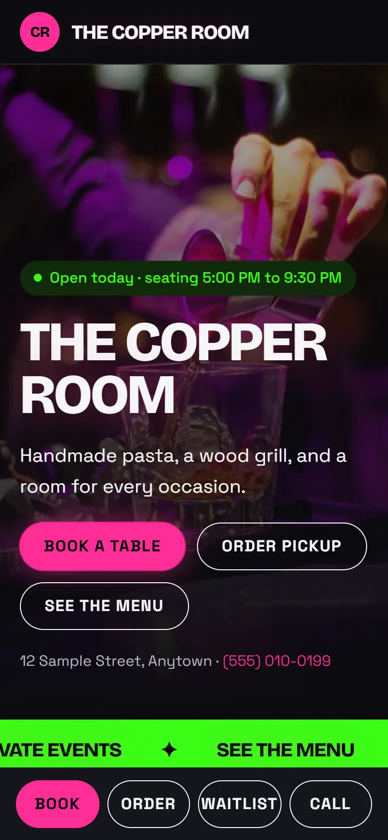 A restaurant website on a phone in the Neon look