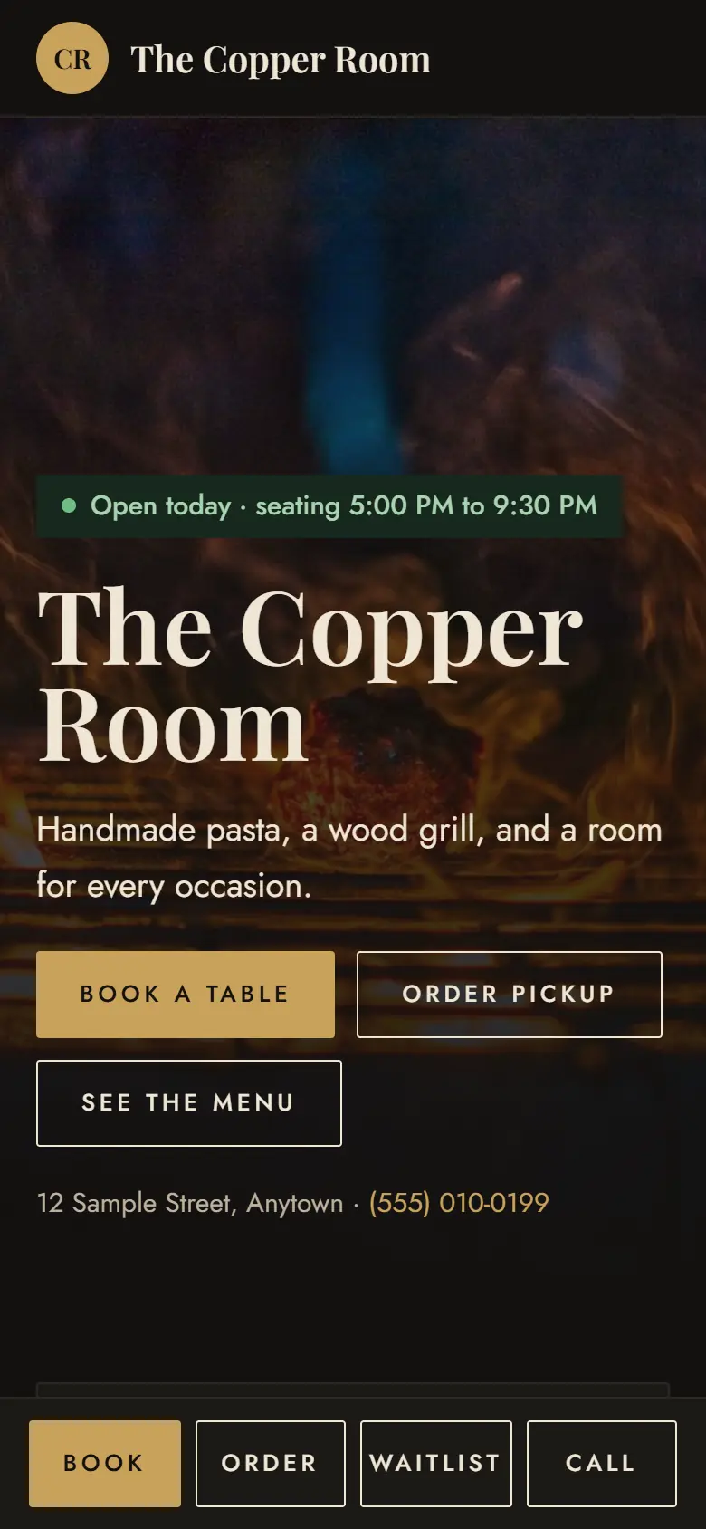 A restaurant website on a phone in the Steakhouse look
