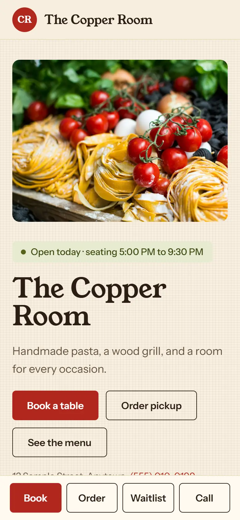 A restaurant website on a phone in the Trattoria look